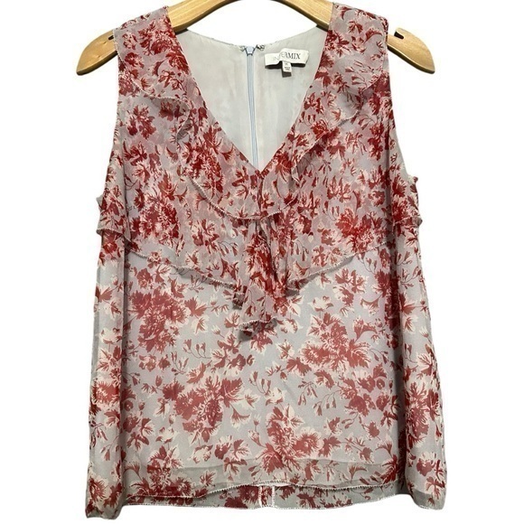 Intermix Women’s Size M Red Light Nlue Layered Silk Ruffle V-Neck Sleeveless Top - Picture 1 of 7